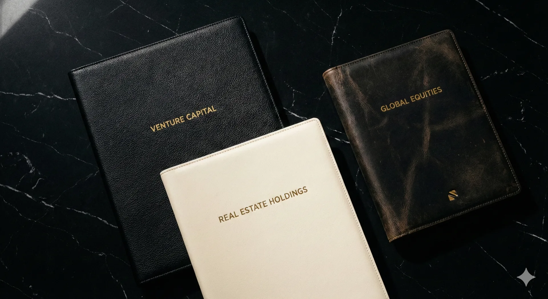 Luxury leather portfolios on black marble representing investment product comparison